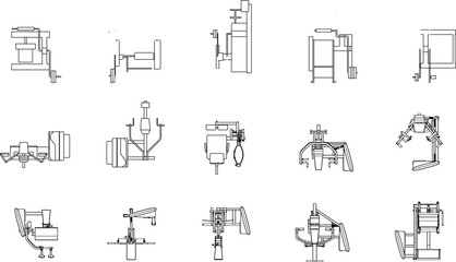 set of sketch vector illustration designs of press weights machines gym equipment
