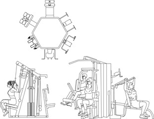 set of sketches vector illustration of multi station gym equipment design
