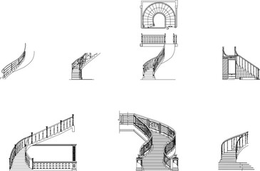 set of sketches vector illustration design of luxury house stairs