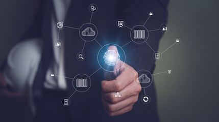 Businessman use biometric finger scan that can access to cloud computing unit that can access to business and customer database to create marketing campaign.