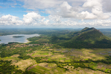 Mountains with rainforest and agricultural land in a mountainous province in Sri Lanka.