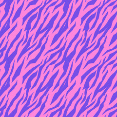 Seamless pattern with geometric tiger stripes. Abstract neon blue, pink animal print.