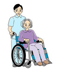 車いすに乗る高齢者と介護士のイラスト（男性ヘルパーと女性患者、右向き）