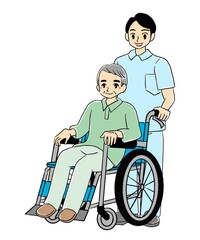 車いすに乗る高齢者と介護士のイラスト（男性ヘルパーと男性患者、左向き）
