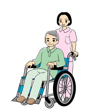 車いすに乗る高齢者と介護士のイラスト（女性ヘルパーと男性患者、左向き）