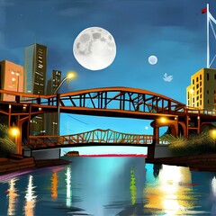 A cityscape at night with a bridge and a full moon3, Generative AI