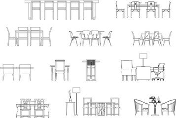 set of vector sketch illustration of black and white dining room table front view