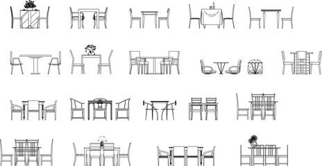 set of silhouettes  vector sketch illustration of black and white dining room table front view