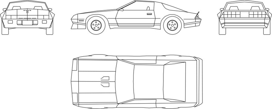 hand drawn illustration of vector sketch of a classic super car design illustration looking at various sides