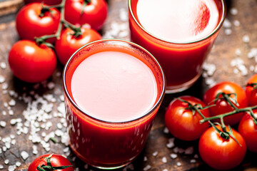 Tomato juice in a glass with pieces of salt. 
