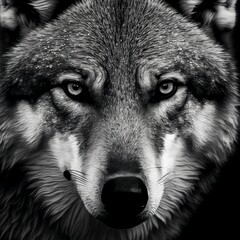 Close-up of a wolf's face in black and white high contrast (generative AI)