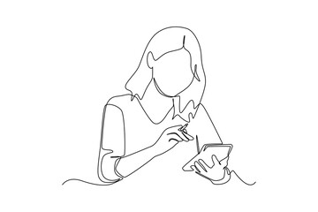 Continuous one line drawing happy woman calculating utilities expense with calculator and analyzing her spendings. Budget planner concept. Single line draw design vector graphic illustration.