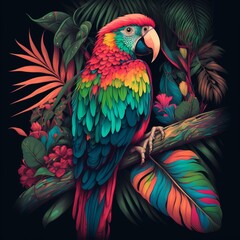 Colorful parrot in tropical hand-drawn style jungle (generative AI)