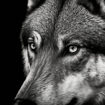 Close-up of a wolf's face in black and white high contrast (generative AI)