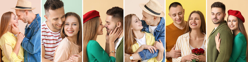 Collage with happy couples on color background. Valentine's Day celebration