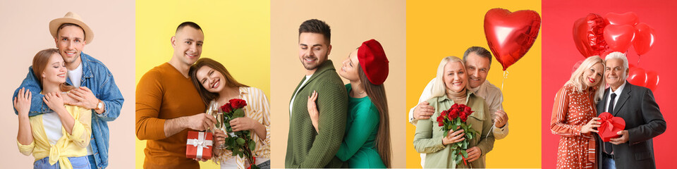 Collage with happy couples on color background. Valentine's Day celebration