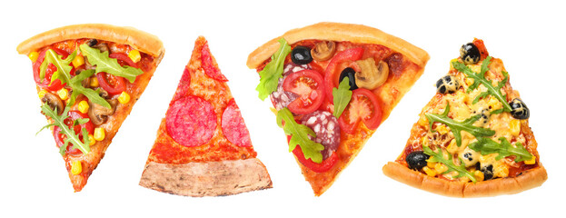 Slices of different pizzas on white background