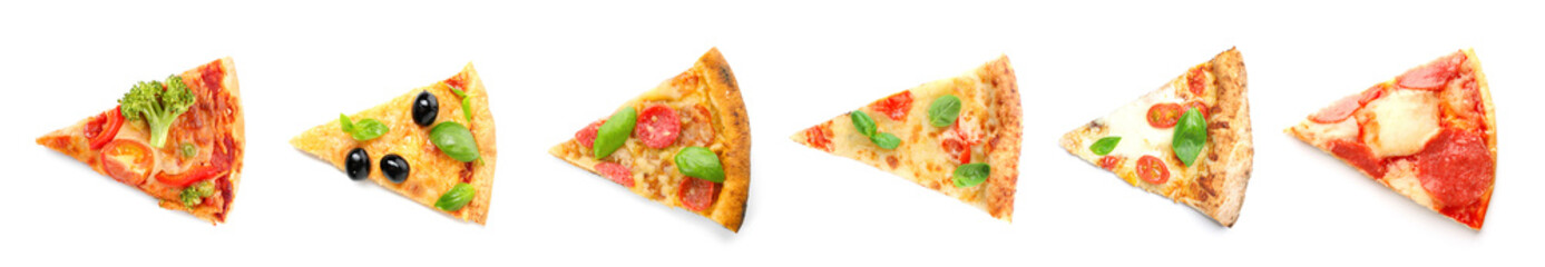 Many slices of different pizzas on white background