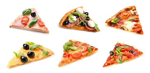 Many slices of different pizzas isolated on white