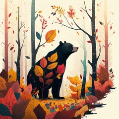 Stylized illustrated bear in forest with autumn (generative AI)