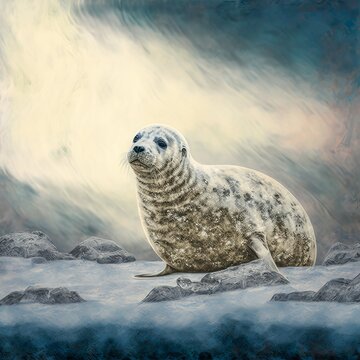 Seal in textured oil painting style arctic landscape (generative AI)