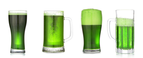 Collage of tasty green beer in glasses for St. Patrick's Day party on white background
