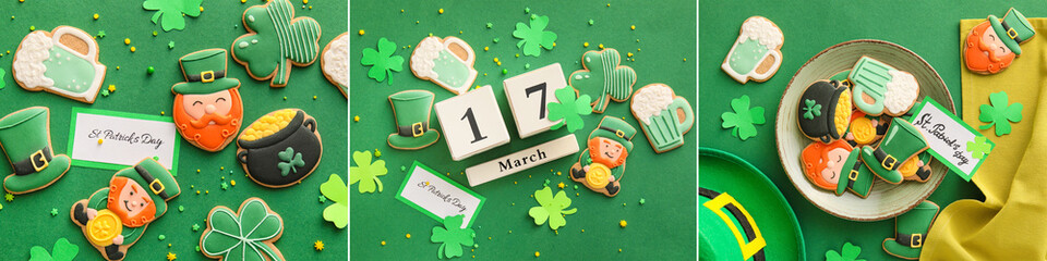 Collage of tasty cookies and calendar with date of St. Patrick's Day - obrazy, fototapety, plakaty