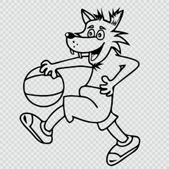 wolf with basketball ball, contour drawing, transparent vector illustration, checkered background