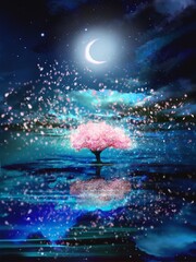 Obraz na płótnie Canvas 海面に聳え立つ桜満開の桜の木と花吹雪が海面に反射した神秘的なファンタジー背景イラスト