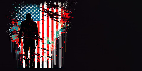 American Flag Splattered Illustration With Soldier Silhouette Images as Background, Generative Ai