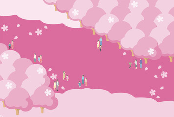 フレーム　アイソメトリック　家族　ファミリー　お花見　春　さくら　桜　背景　イラスト素材