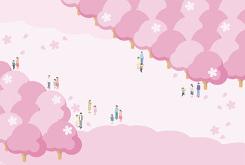 フレーム　アイソメトリック　家族　ファミリー　お花見　春　さくら　桜　背景　イラスト素材