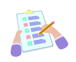 hands holding clipboard with checklist with green check mark and pencil. human filling control list on notepad. concept of survey, quiz, to-do list or agreement