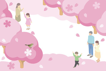 フレーム　アイソメトリック　家族　ファミリー　春　さくら　桜　風景　背景　イラスト素材