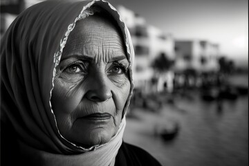Serious Old Arab muslim woman wearing a hijab posing in a northern african city. Generative ai - obrazy, fototapety, plakaty