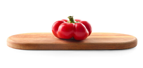 Wooden board with red bell pepper on white background