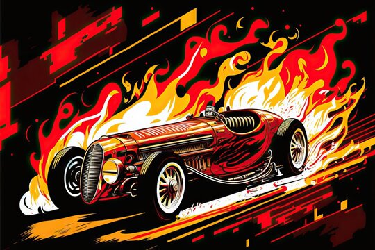 Illustration of classic sport race car on fire, with full color design, huge muscle motor, reflecting high horsepower and full speed in a dynamic and energetic picture. Generative AI