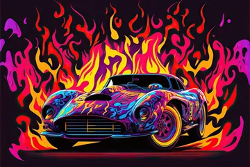 Wall murals Cars Illustration of classic sport race car on fire, with full color design, huge muscle motor, reflecting high horsepower and full speed in a dynamic and energetic picture. Generative AI