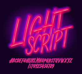 Light Script alphabet font. Glowing neon letters and numbers. Stock vector typeface for your design.