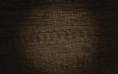 3D render of dark brown wooden plank texture with spot light on center, top view, copy space