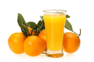 orange juice in glass and jug isolated on white background