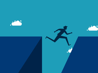 Courage And challenge concept. Businessman jumps over the gap. vector
