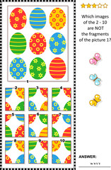 Easter puzzle with painted eggs pattern and fragments: What of the 2 - 10 are not the fragments of the picture 1? Answer included.
