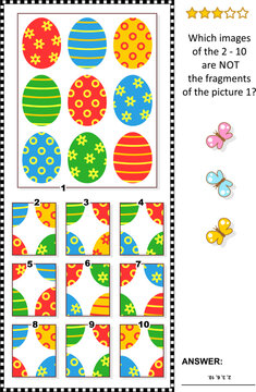 Easter puzzle with painted eggs pattern and fragments: What of the 2 - 10 are not the fragments of the picture 1? Answer included.
