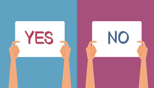 Hand Holding A Yes Or No Protest Sign Vector Cartoon Illustration. People Giving Different Feedback To The Same Situation
