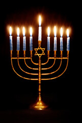 Menorah Lit for the Eighth Night of Hanukkah on a Black Background 
