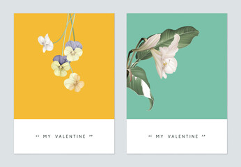 Minimalist botanical valentine greeting card template design, amaryllis and pansy flowers - obrazy, fototapety, plakaty