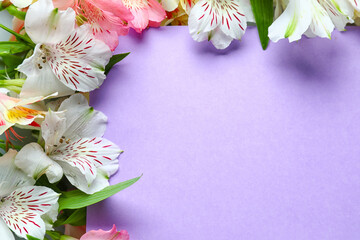 Naklejka na ściany i meble Composition with blank card and beautiful alstroemeria flowers, closeup. Mother's day celebration
