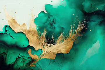 Fototapeta Fluid Art. Liquid jade green ink and gold metallic abstract drips and wave. Generative AI illustration obraz