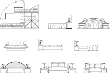 set of drawings sketch vector illustration of minimalist classic bed interior